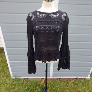 FREE PEOPLE Black Once Upon a Time Linen Blend Knit Bell Sleeve Top XS